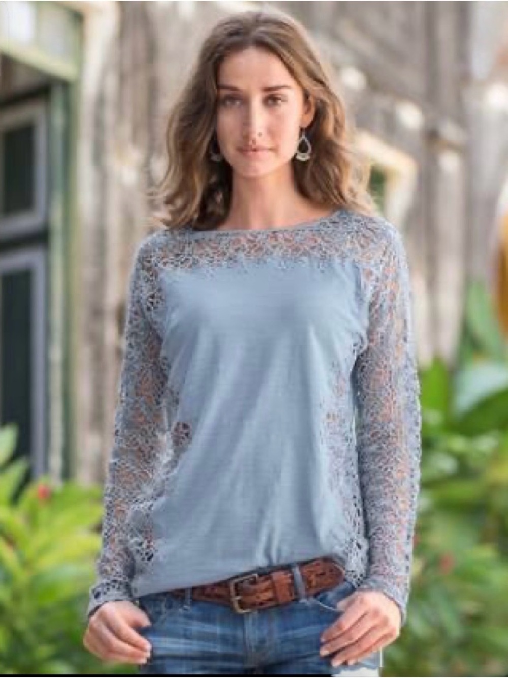 Sundance Lily Paramour Light Blue Lace Inset Long Sleeve Top